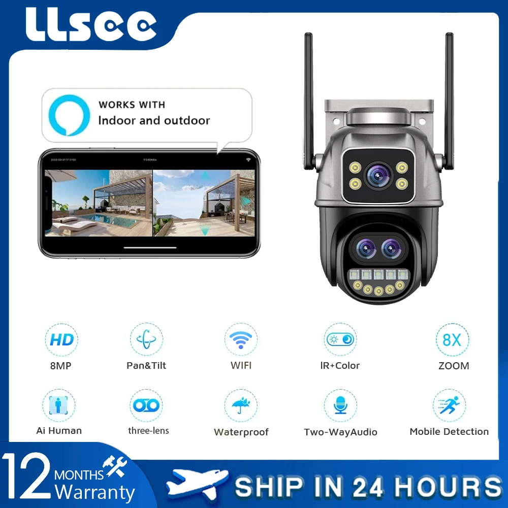 LLSEE ICSEE,8x optical zoom,9MP,3-lens camera outdoor WIFI,360,CCTV wireless pan tilt phone control waterproof,IP camera,