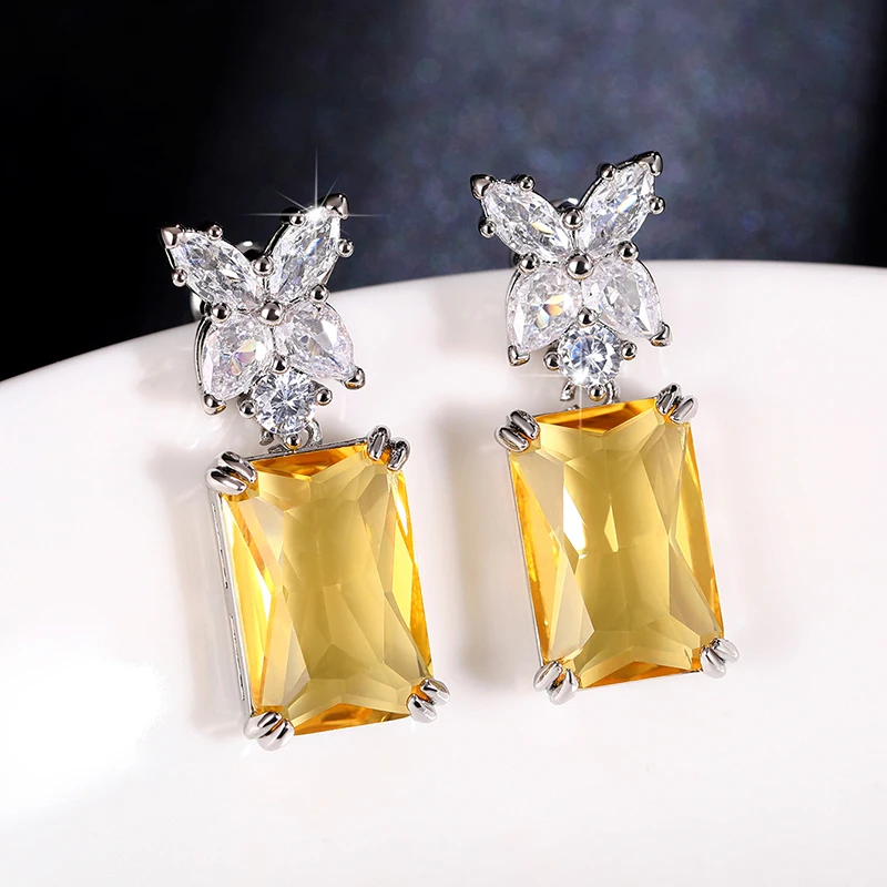Huitan Einfache und elegante quadratische Zirkonia-Ohrringe, glitzernde gelbe CZ-Ohrringe, luxuriöser Damen-Hochzeits- und Verlobungsschmuck