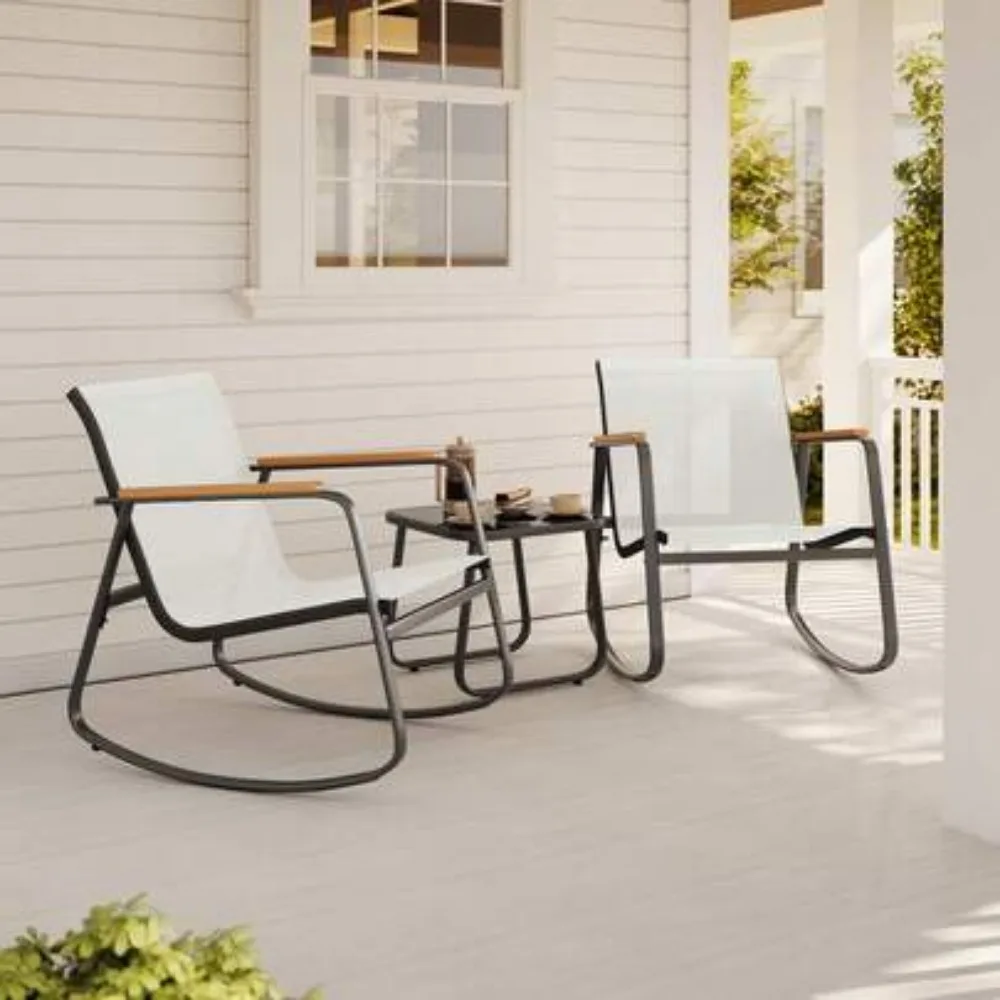 3 Piece Rattan Rocking Chairs Bistro Set With Coffee Table All Weather Patio Furniture For Balcony And Garden