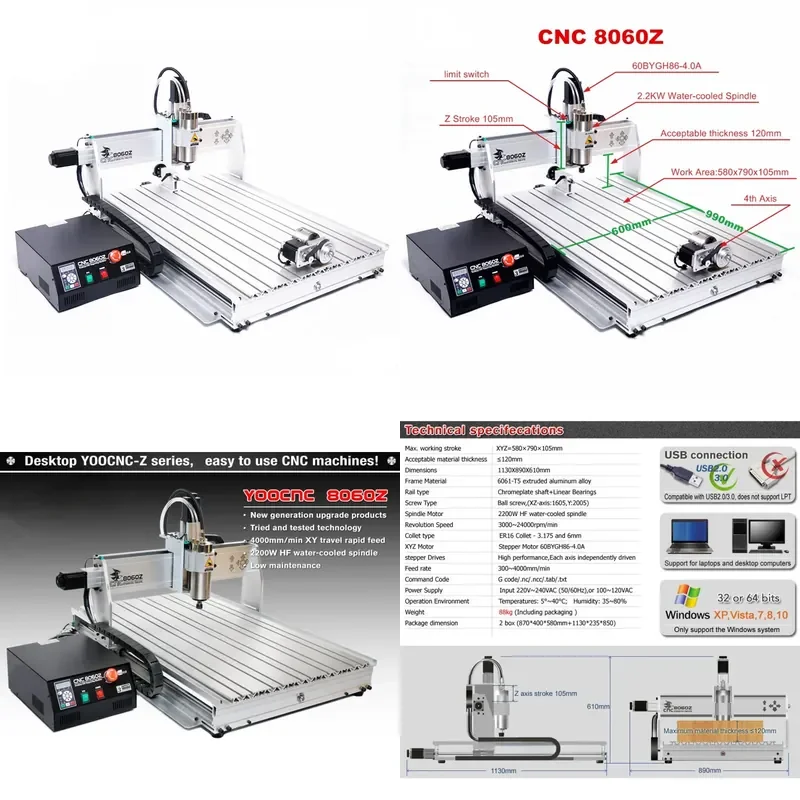 for Numerical Control 8060 2200W Engraving Machine 4 Axis Woodworking Drilling Milling Router with USB Port Limit Switch