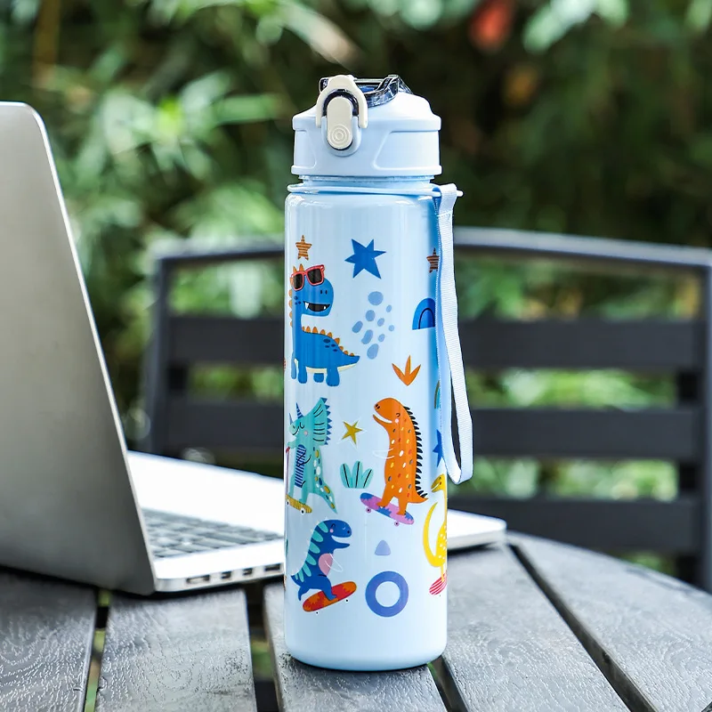 

750ml Dinosaur Water Bottle For Kids Water Sippy Cup With PC Straw Leakproof Plastic Water Bottles Summer Kids Water Cup Gift