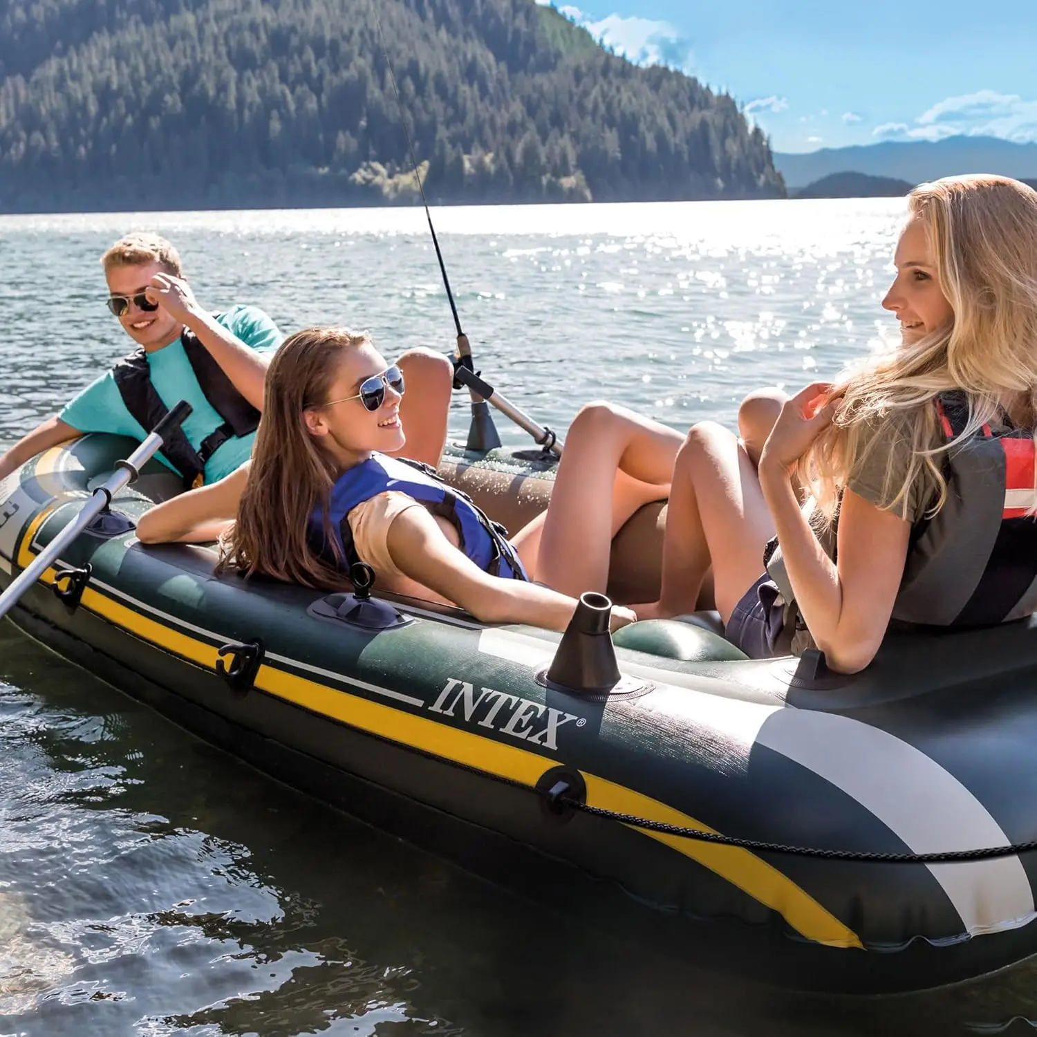 

INTEX Seahawk Inflatable Boat Series: Includes Deluxe Aluminum Oars and High-Output Pump – SuperStrong PVC – Fishing Rod Holder