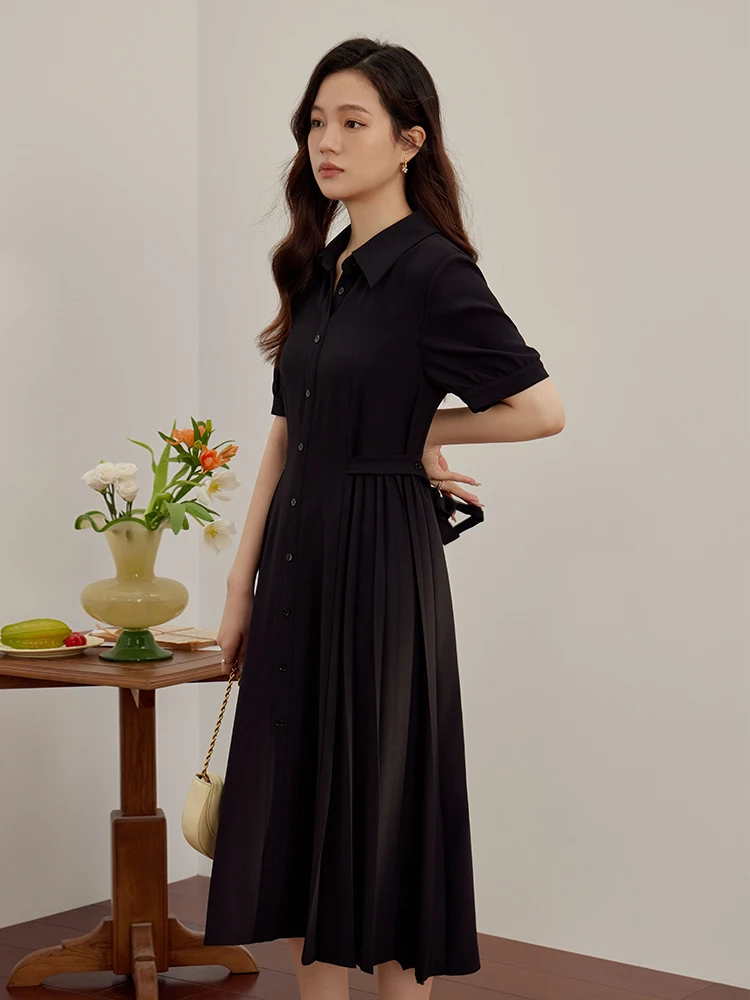 DUSHU-Robe chemise longue taille haute pour femme, tenue de bureau, pour la présidence, couleur unie, nouvelle collection été