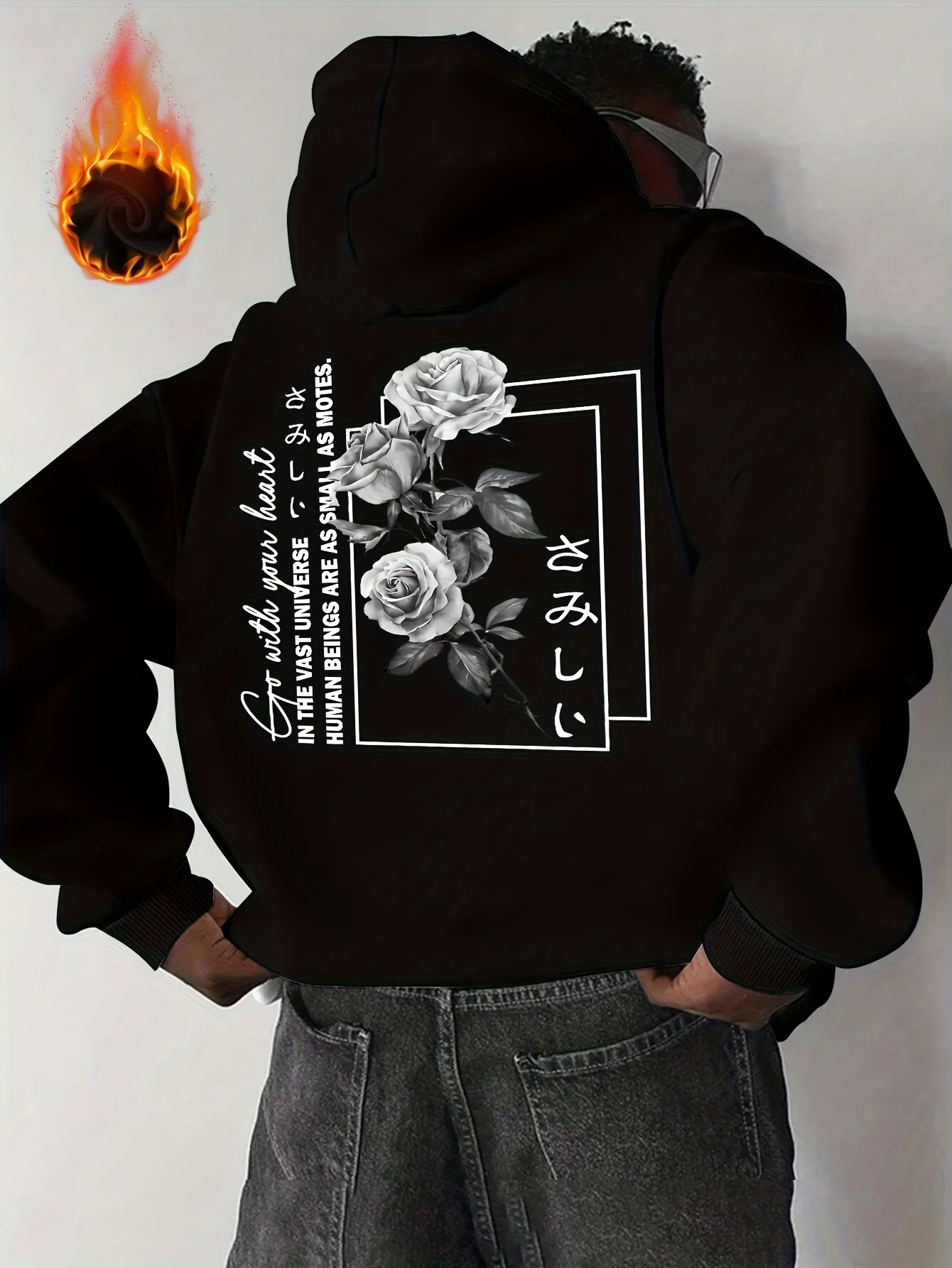 Men's Vintage Japanese Letter Grey Rose Frame Print Hoodie Black Casual Sweatshirt for Hip Hop and Sports Style Enthusiasts