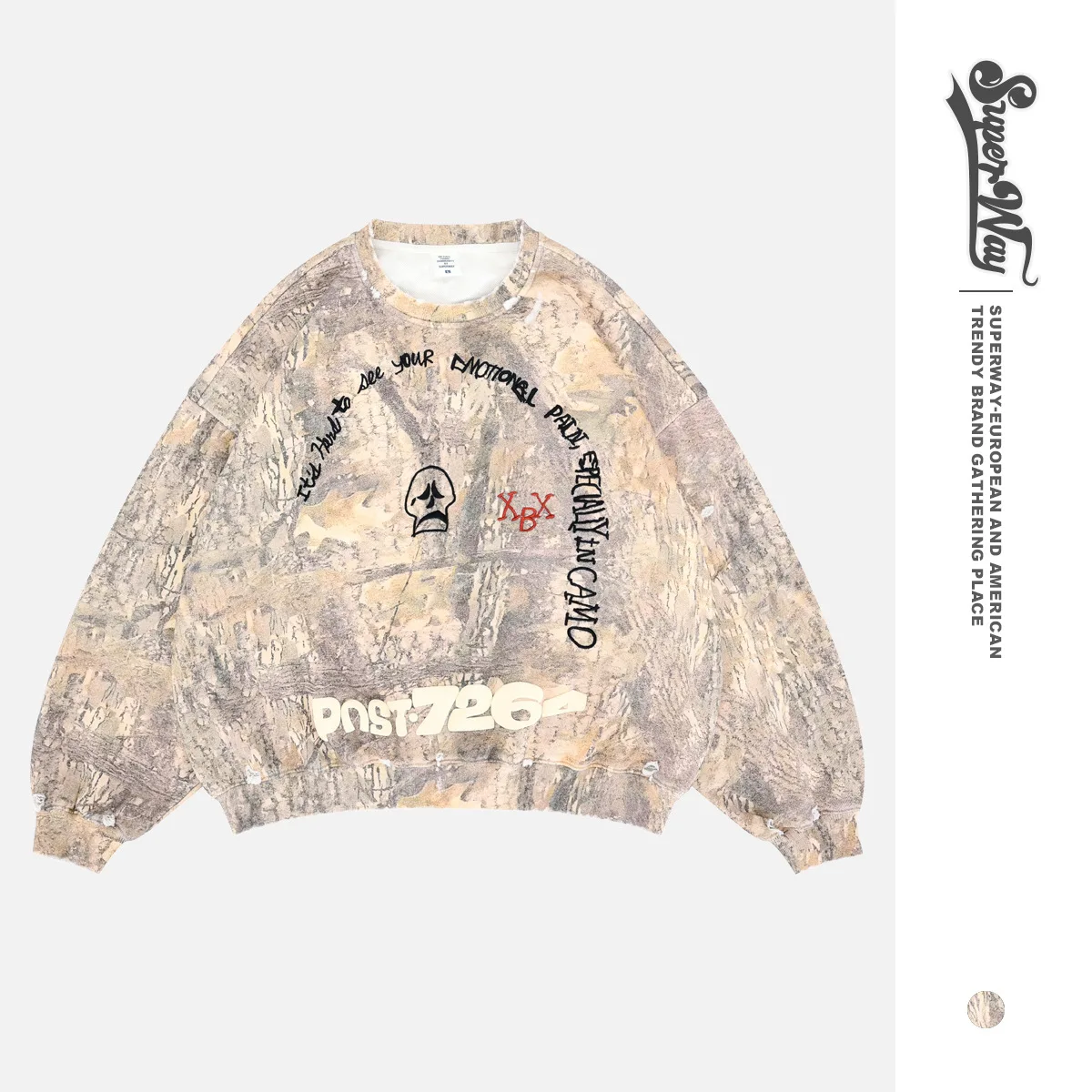 

Lanhai Men's Faionable Camouflage Sweatirt round Ne Embroidered Ripped Foam Fce Cotton Casual Streetwear for Youth