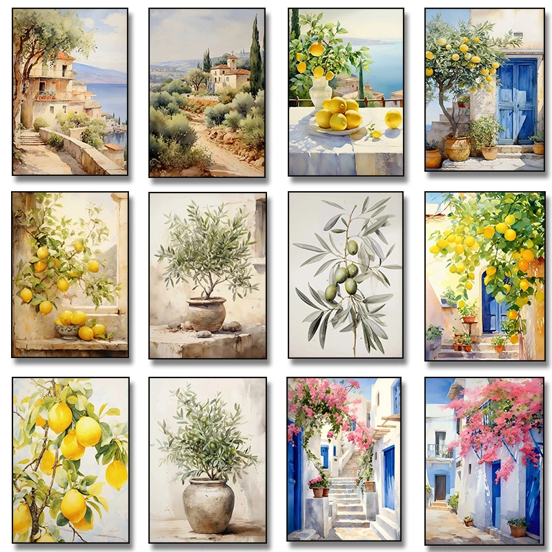 Póster de paisaje de Santorini, árbol de olivo, limón italiano, Retro, grécia mediterránea, pintura en lienzo, imágenes artísticas de pared, decoración del hogar