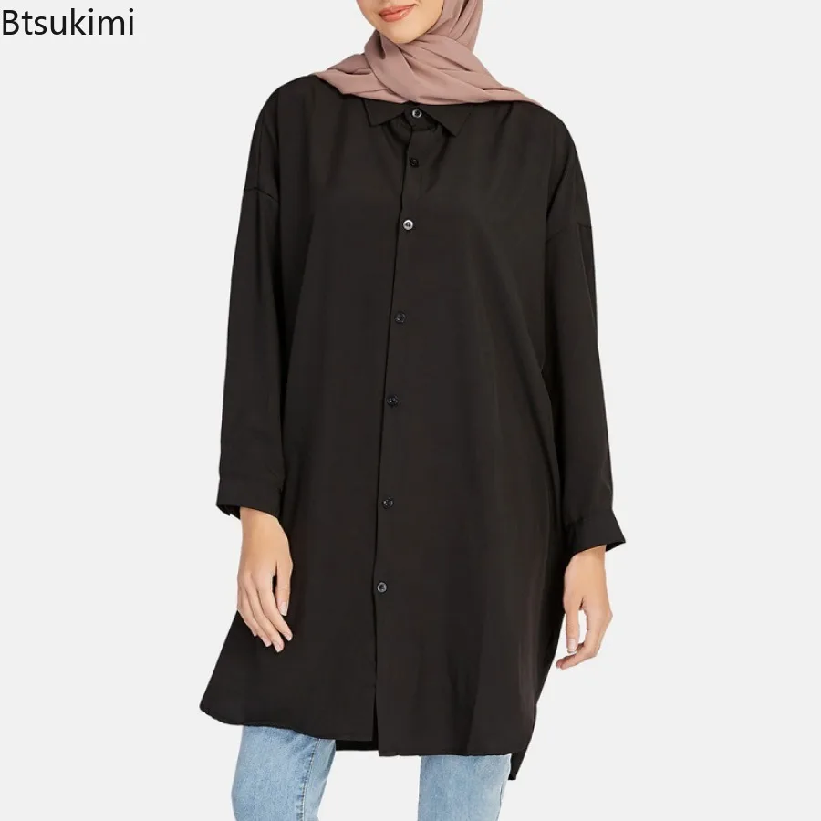 New Muslim Fashion Solid Blouse for Women Long Sleeve Simple Mid-length Shirts 2024 Islamic Clothing Casual Loose Tops for Women