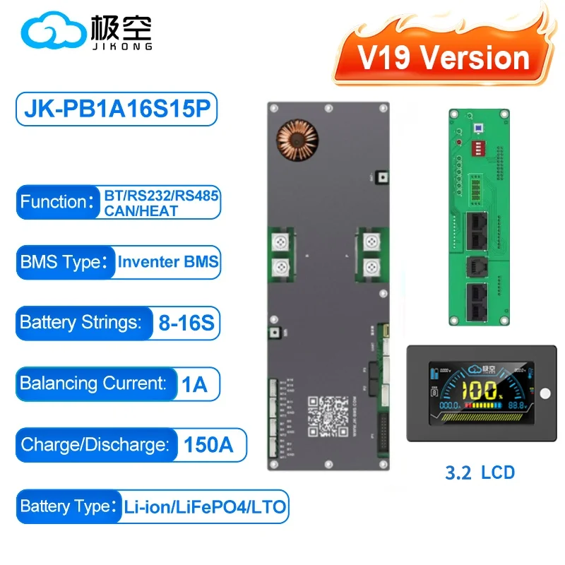 JK BMS V19 Bms 16s 51.2v Lifepo4 100A 200A 300A JK Home Energieopslag BMS Actieve balans 1-2A LiFePo4 Batterij V19 Versie