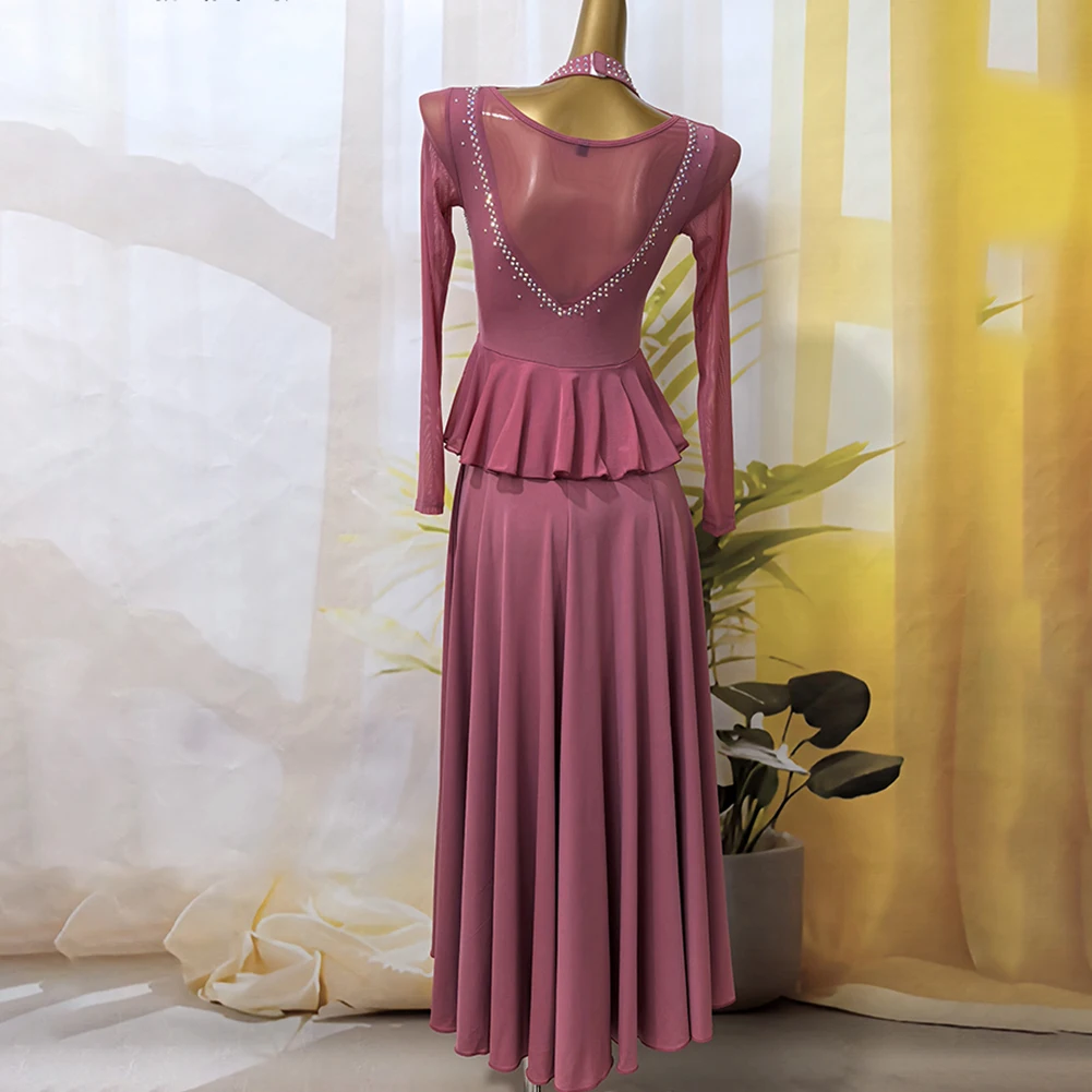 

Party Ballroom Dance Dress Black High Neckline Wine Red Stage Costume Rhinestones Leather Pink Practice Dancewear Long Sleeves