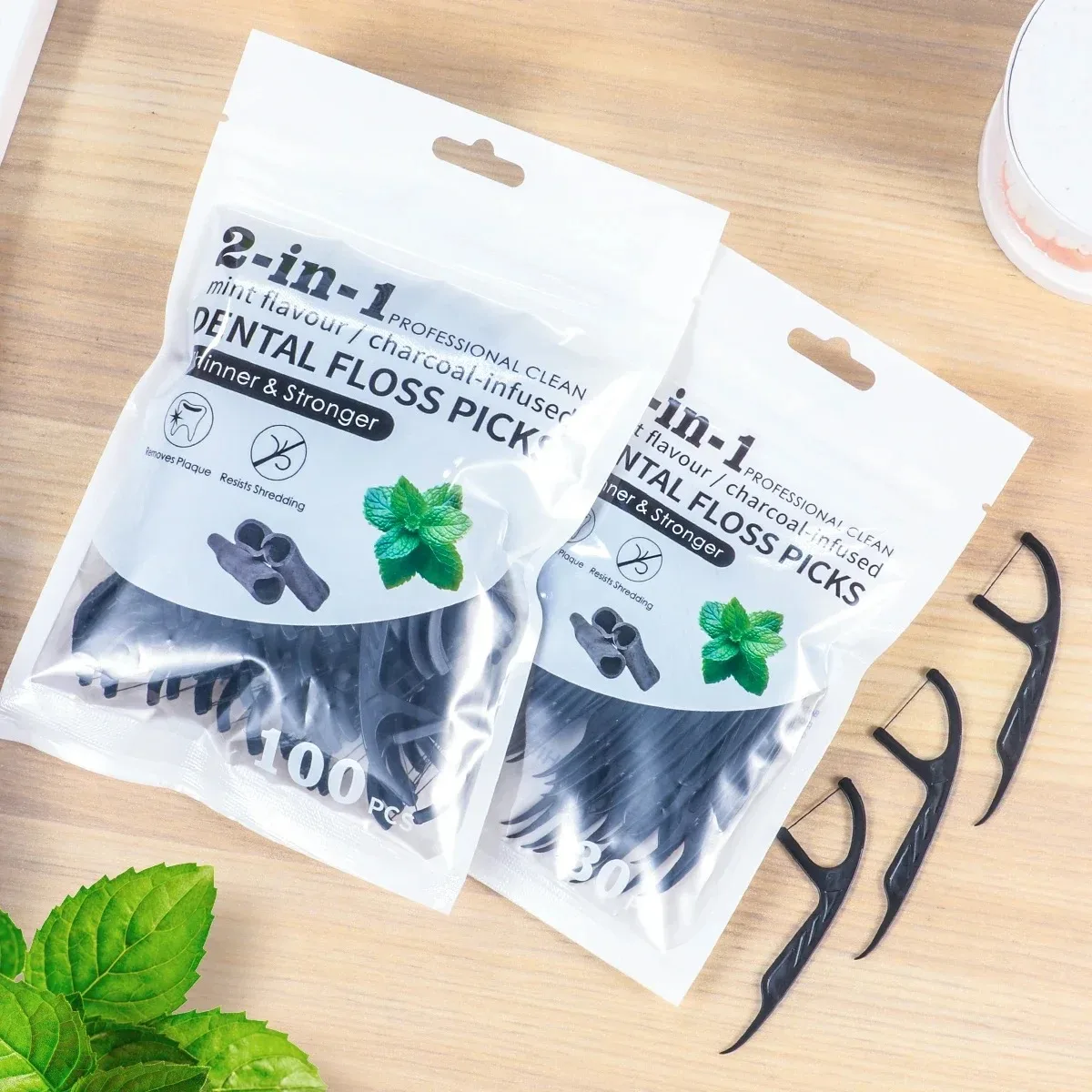Large-Capacity Mint Bamboo Charcoal Dental Floss Picks Freshens Breath & Deeply Cleans Essential for Work Travel & Daily Outings