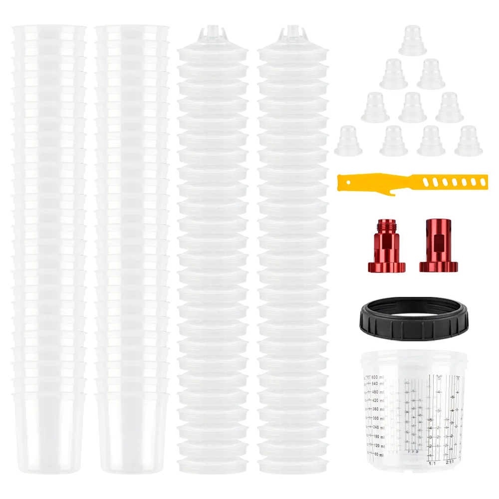 10/25/50 stuks/set spuitpistoolverfmengbeker, spuitpistooltank, 20,3 oz/600 ml, wegwerpverfbeker, met 2 spuitpistoolbekeradapters en 1 roerstaafje