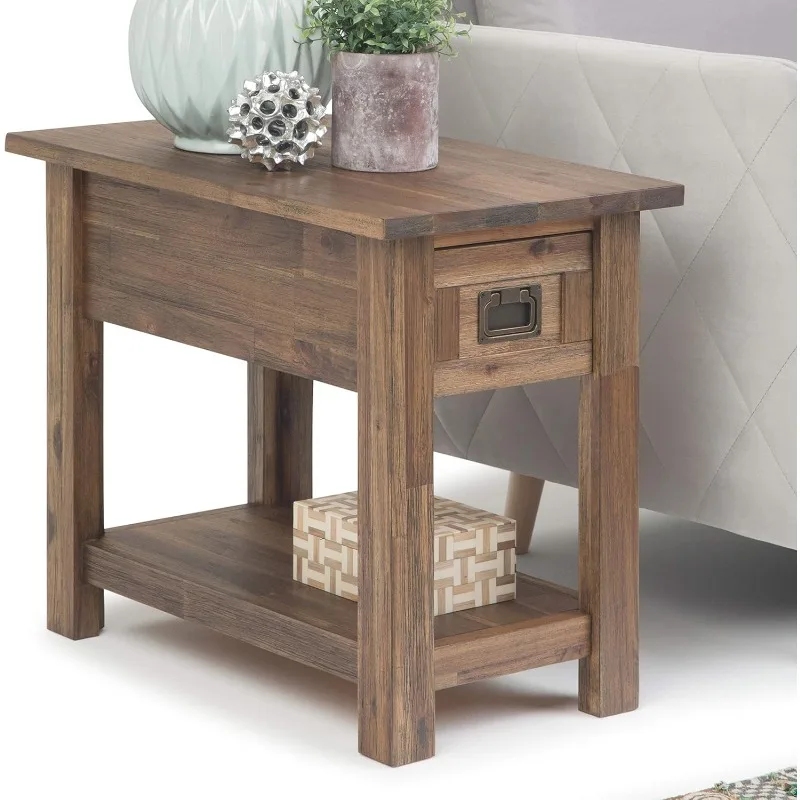 Monroe SOLID ACACIA WOOD 14 Inch Wide Rectangle Rustic Narrow Side Table in Rustic Natural Aged Brown, For the Living Room