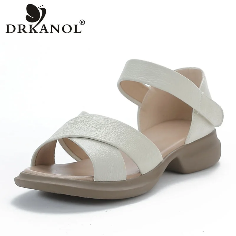 DRKANOL Women Sandals 2024 Summer Open Toe Shoes Solid Color Concise Genuine Leather Thick Heel Hook And Loop Casual Sandals