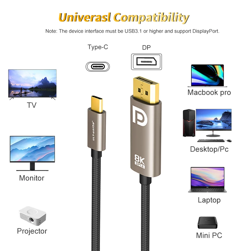 Bidirectional DisplayPort to USB C Cables 8K60Hz 4K HDR 32Gbps Type C to DP Cable Cord Wire For MacBook iPad Oneplus Samsung