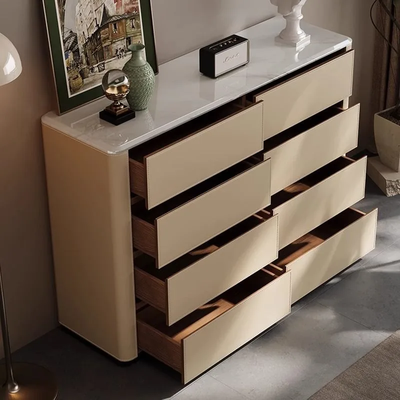 Marble side cabinet household wall integrated solid wood locker saddle leather tea cabinet bedroom bedside storage cabinet