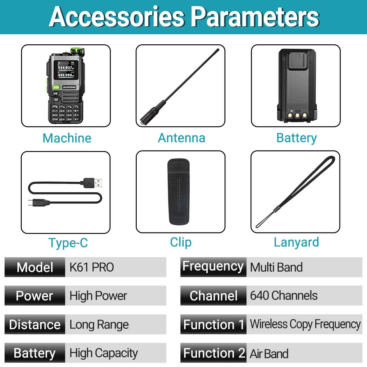 Baofeng K61 PRO Air Band Walkie Talkie Многодиапазонная беспроводная частота копирования AM FM DTMF NOAA Обновленная UV-5R UV-K6 двусторонняя любительская радиостанция