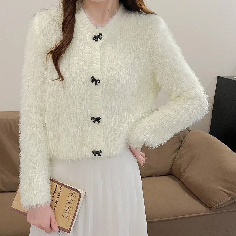 

Soft Imitation Mink Fur Sweater Women New Autumn Winter 2025 Bow Button Knit Cardigan Top Round Neck Long Sleeved Warm Jacket