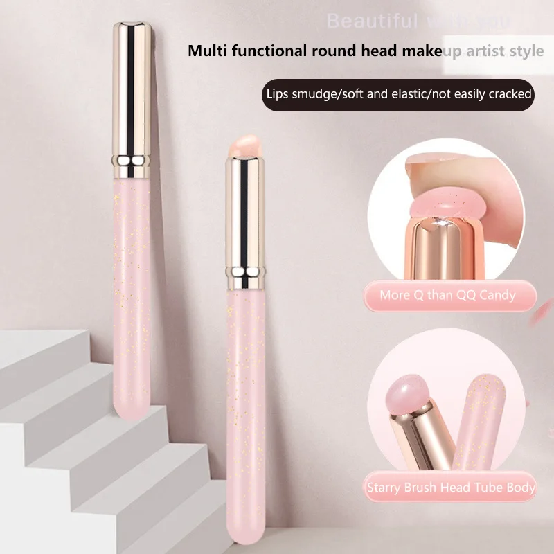 Pinceau de maquillage pour lèvres et correcteur en Silicone rose brillant, avec couvercle Q, applicateur de rouge à lèvres à tête ronde douce, outil cosmétique multi-usage