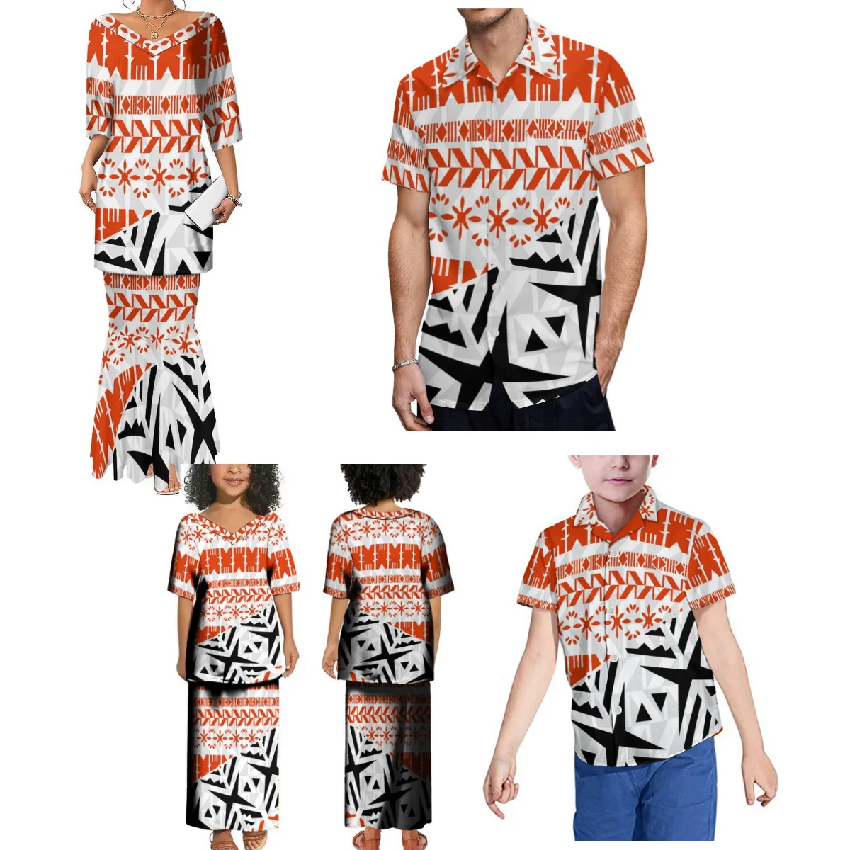 

2024 New Women'S Fishtail Dress Set Girls Puletasi Dress With Men'S Shirt Casual Boys Top Polynesian Tribe Party Four-Piece Set