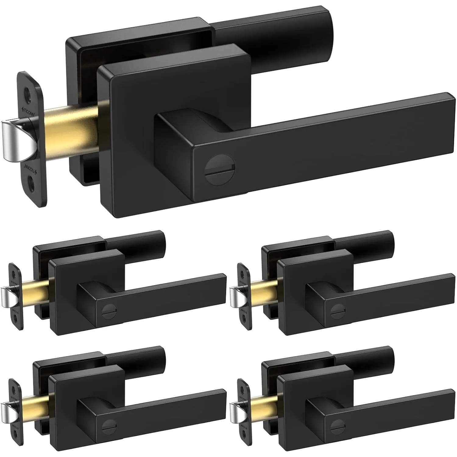 

5PK Matte Black Door Handles Interior, Reversible Square Door Levers Knob for Hallway, Bedroom, Bathroom with Lock, Privacy