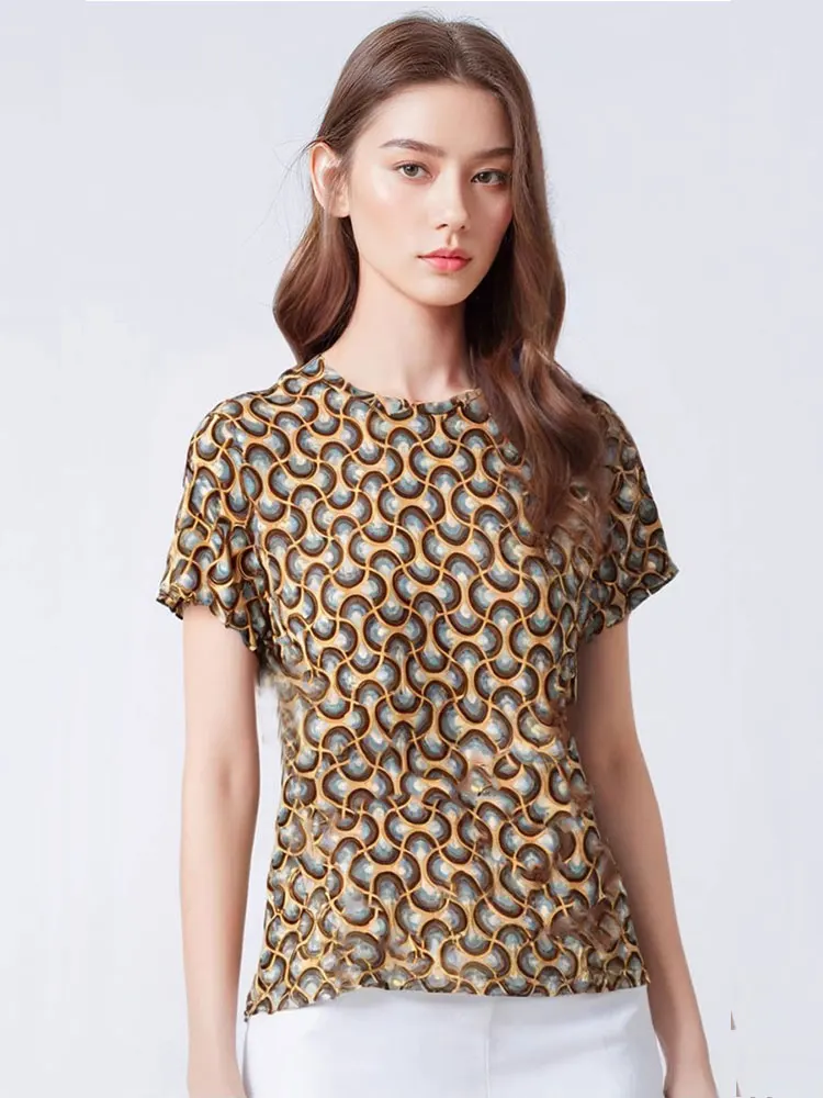 

Silk round Ne ort Sve T-irt Women's New Sle Silk Print Loose plus Size Silk Top Small Size Body irt Commute Simp...