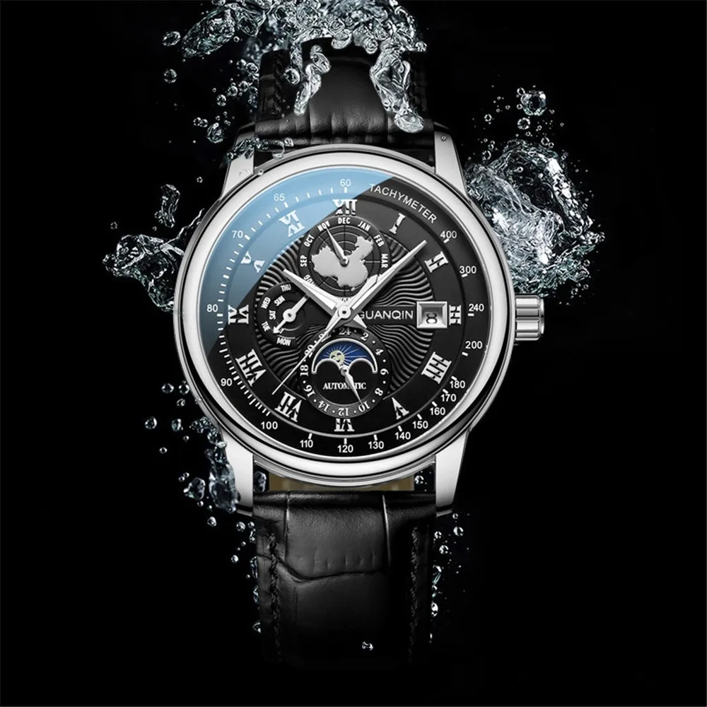 GUANQIN Luminous Leather Mechanical Wrist Watch Sapphire Crystal Moon Phase Men Sport Watches Waterproof Automatic Wristwatch