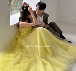 FANAN Strapless Simple Evening Party Dresses Tulle Yellow Korea Backless Ruched Wedding Women  Gowns Event Prom Gowns Customized