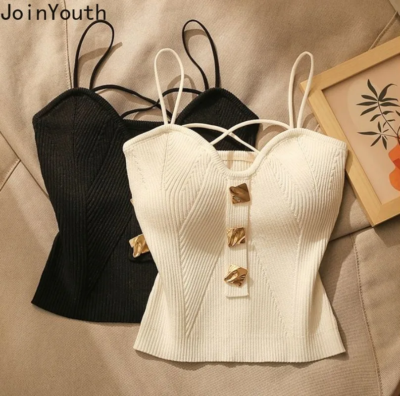 Summer Crop top moda serbatoi lavorati a maglia abbigliamento donna Sexy Sling tunica Vest 2024 Ropa Mujer monopetto coreano Y2k Camis