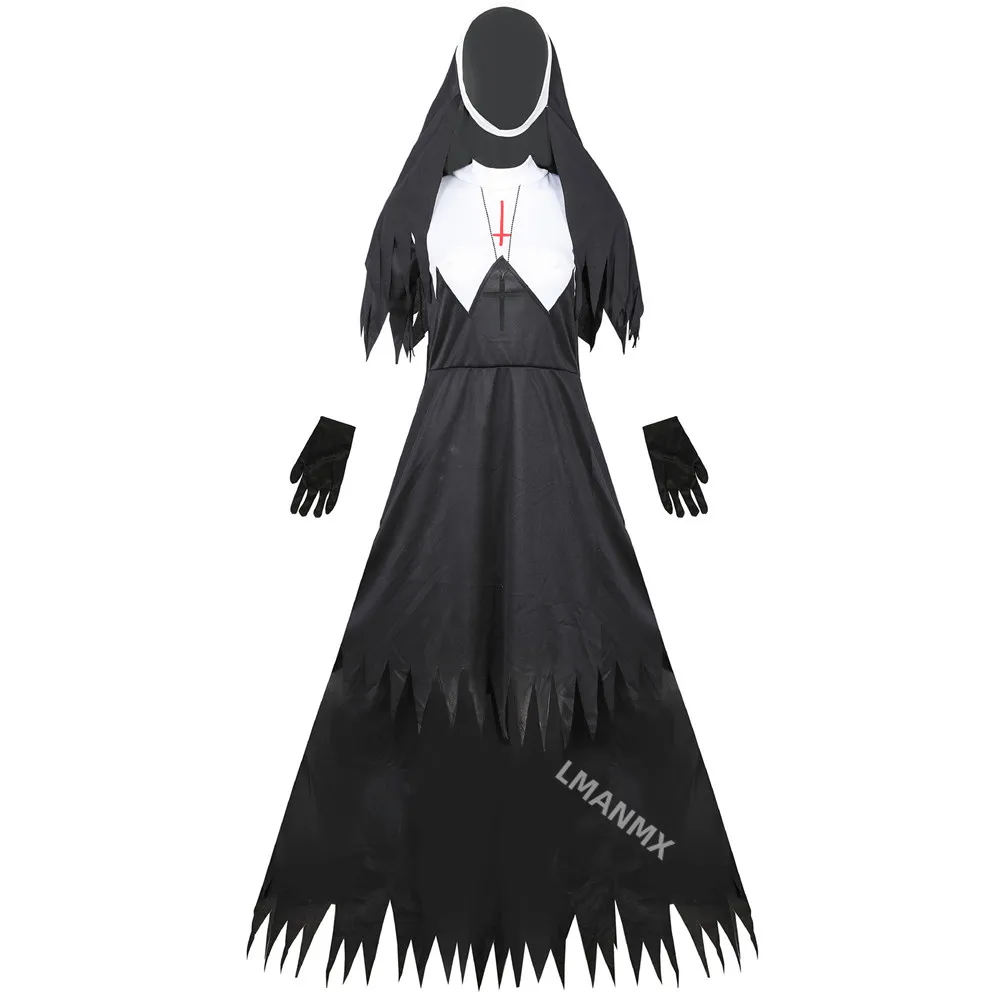 Roupa de freira assustadora feminina, fantasia de Halloween, filmes de terror, demônio, padre