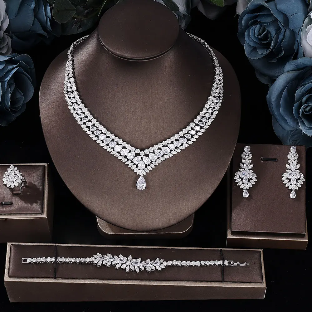 

New Nigeria 4-piece Bridal Zirconia Jewelry Set for Women's Party, Dubai Nigeria Crystal Wedding Jewelry Set