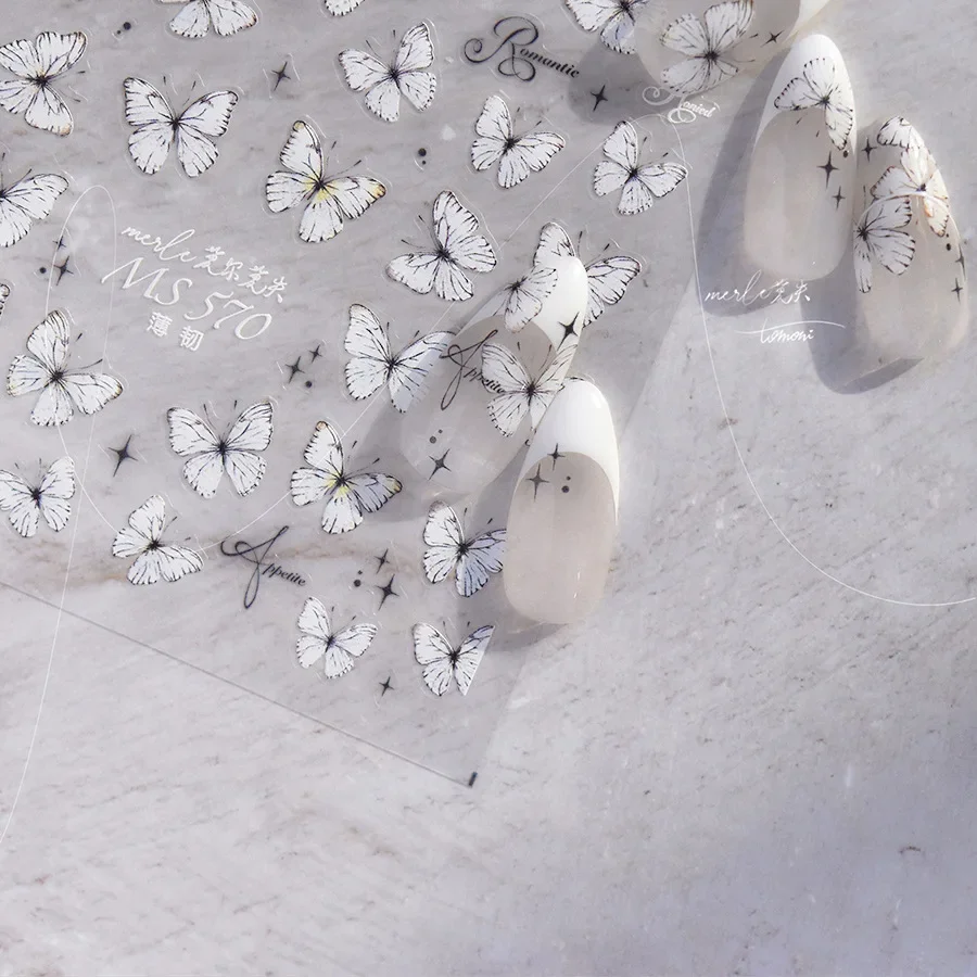 1 Stuks 5d Witte Vlinder Nail Stickers Japanse Kawaii Vlinder Nail Art Decoratie Zelfklevende Slider Stickers Diy Accessoires