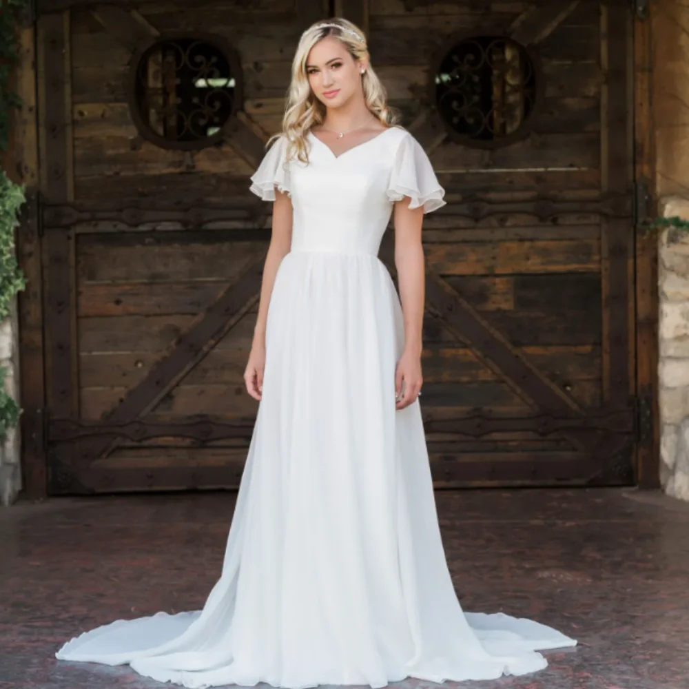 Robe de Mariée Trapèze en Mousseline de Soie Style Boho, Vêtement Modeste avec Manches Volumineuses, Col en V, lèvent au Dos, Informel, Patients de Plage, Quelle que soit la Collection 2024