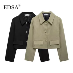 EDSA Women Blazer Cropped Tweed Jacket with Flap Pockets for Office Lady Single Breasted Turn-down Collar Suit Coat