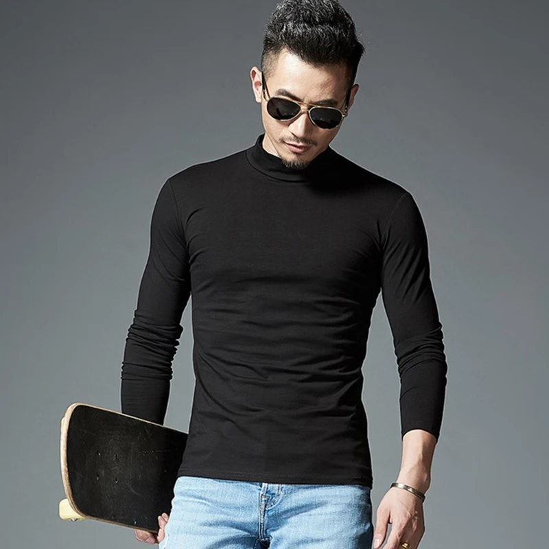 Casual Men's Basic Turtleneck T-shirts Slim Fit Long Sleeve Solid Color Tee Tops Pullover T Shirt For Men Clothing