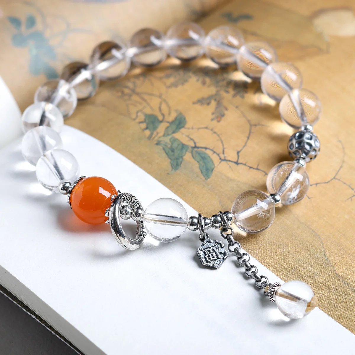

Natural White Crystal New Chinese Style Bracelet with Red Agate and 925 Silver Beads Elastic Stretch Hand Jewelry Gifts