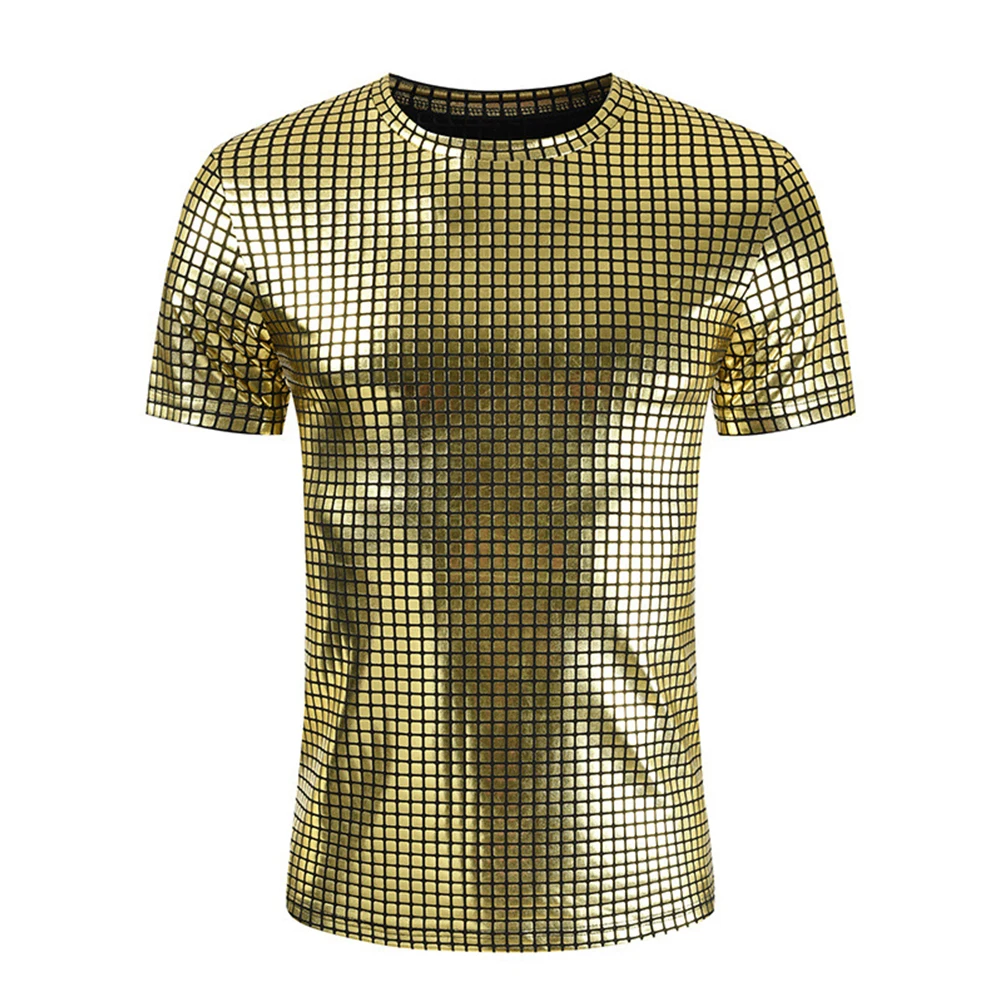 Vintage Man 70s Disco Costume Sequin Shirt Short Sleeve T-Shirts O Neck Solid Color Party Club Top T Shirt For Men Clothing