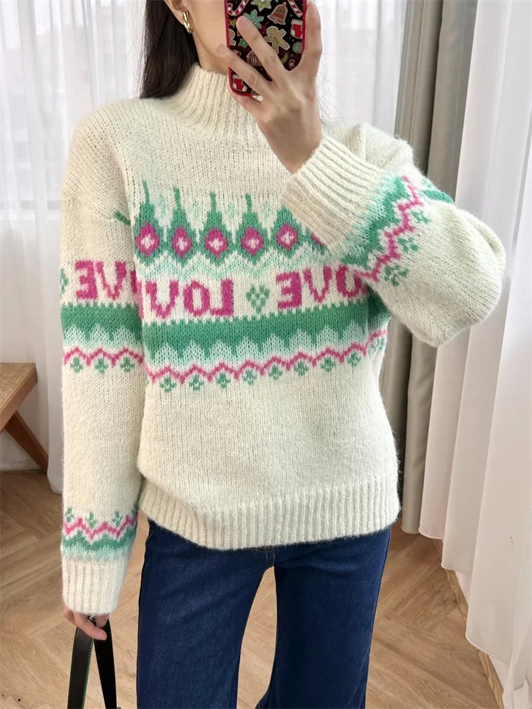 

Letter Jacquard Women Sweater Long Sleeve Half Turtleneck Vintage Spring 2024 Knitted Pullover