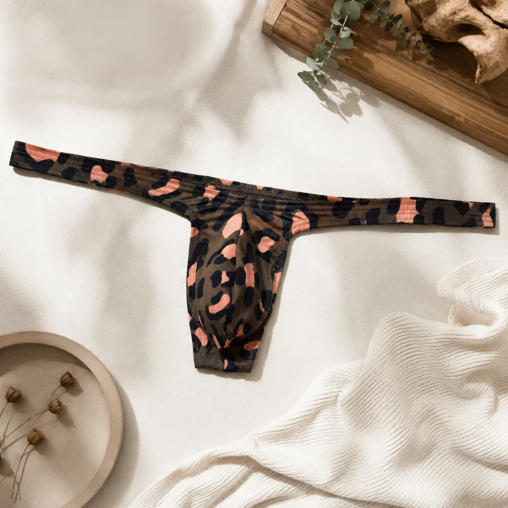 High Elasticity T-back Leopard Thong U Bulge Pouch Low Waist Men Panties Lingerie Male Underwear Home Wear
