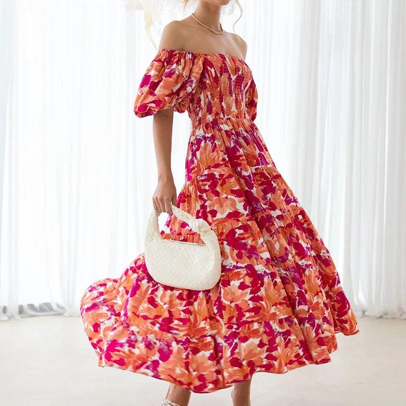 

2025 Female Big Hem Dress Elegant One Shoulder Floral Print Long Dress Casual Women Sweet Spring Puff Short Sleeve Party Dress