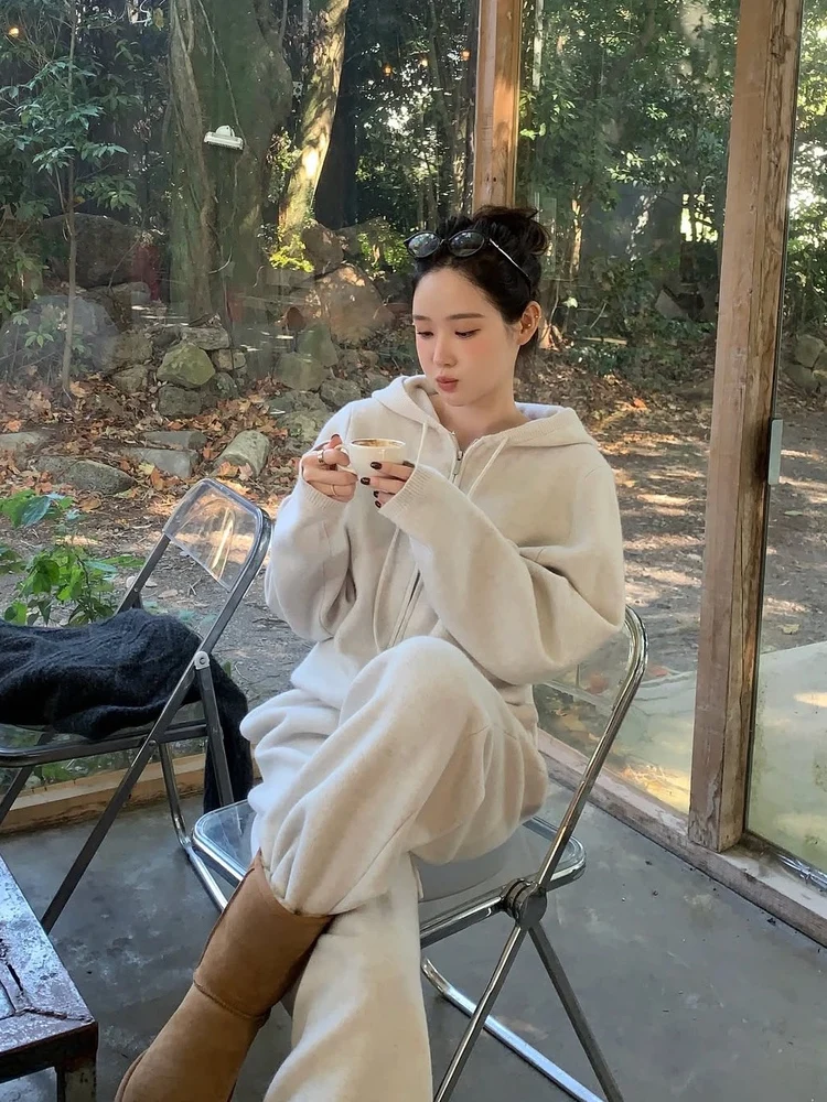 

Casual High Waist Straight Leg Pants Hoodie Set Women's Faion Slim Fit Zipper Cardigan Long Sve Thermal Two Piece Set