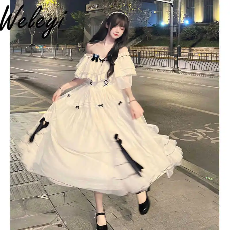 

Lolita Bow Accessories White Midi Dress Sweet Women Summer Princess Vintage Short Puff Sleeve Off-shoulder Collar Dresses 2024