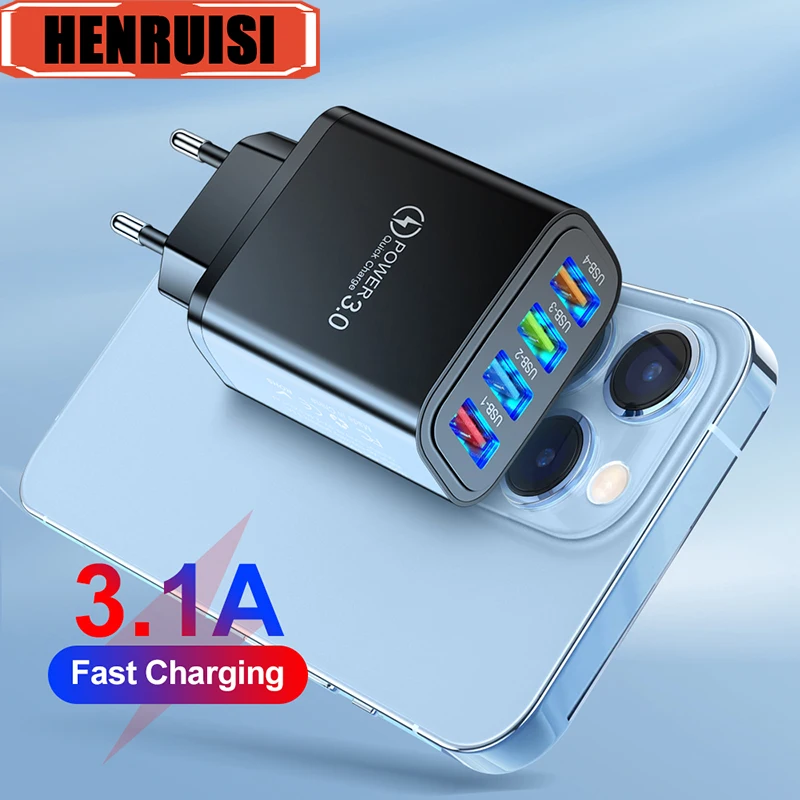 

Power 3.1A 4-port USB Qucik Charger 40W Fast Charger EU US UK Plug For Samsung iPhone Xiaomi Oppo Huawei Universal USB Charger