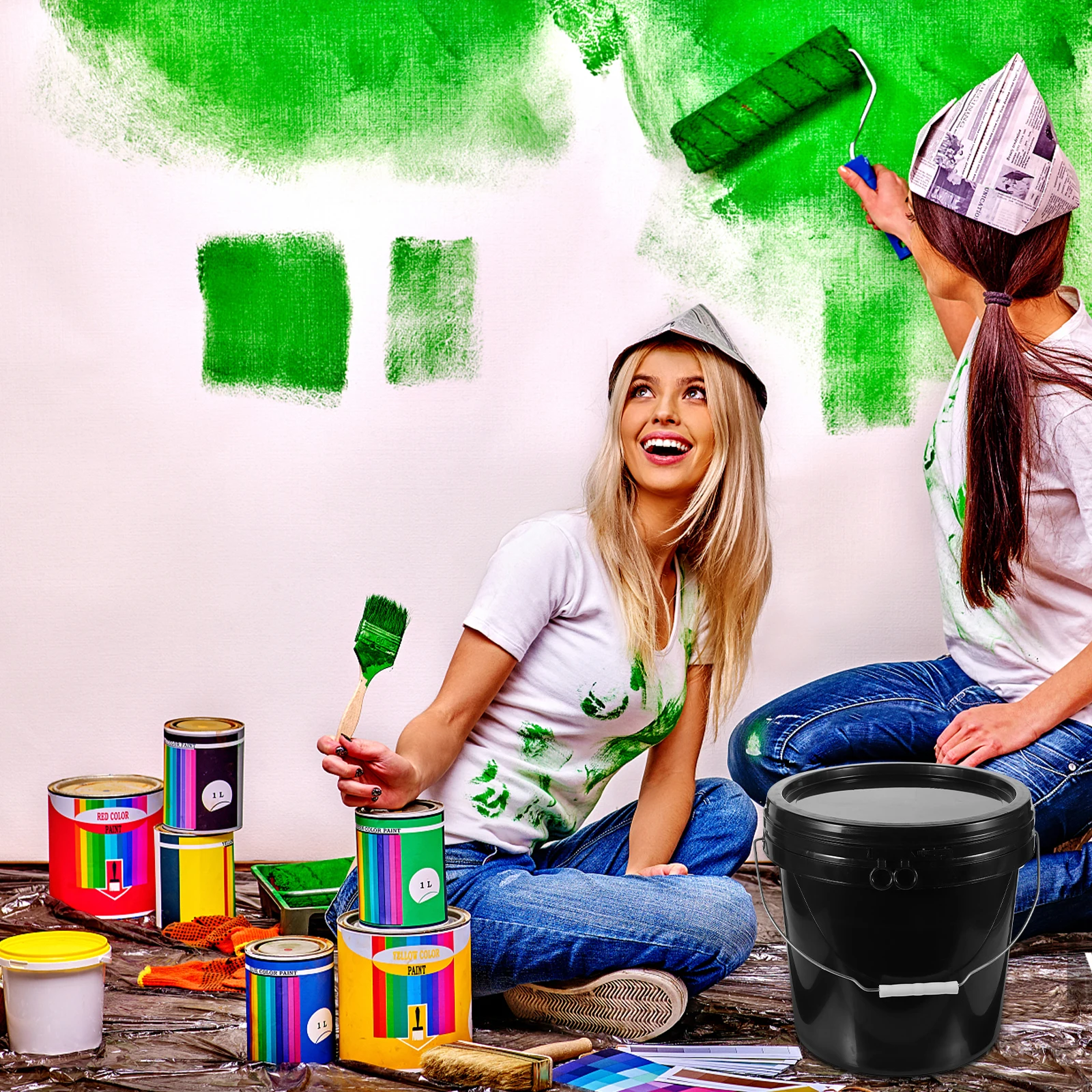 

10L Paint Paint Bucket Empty HDPE Strong Durable Storage Container Black Iron Handle Round Pigment Bucket Painting Tools