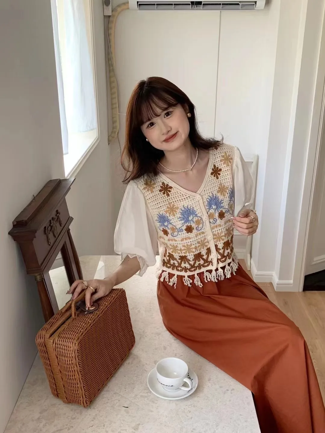 Women Crochet Knit Top with Chiffon Half Sleeve V-Neck Button Down Embroidery Floral Blouse Cardigan Summer Fairycore Outfit