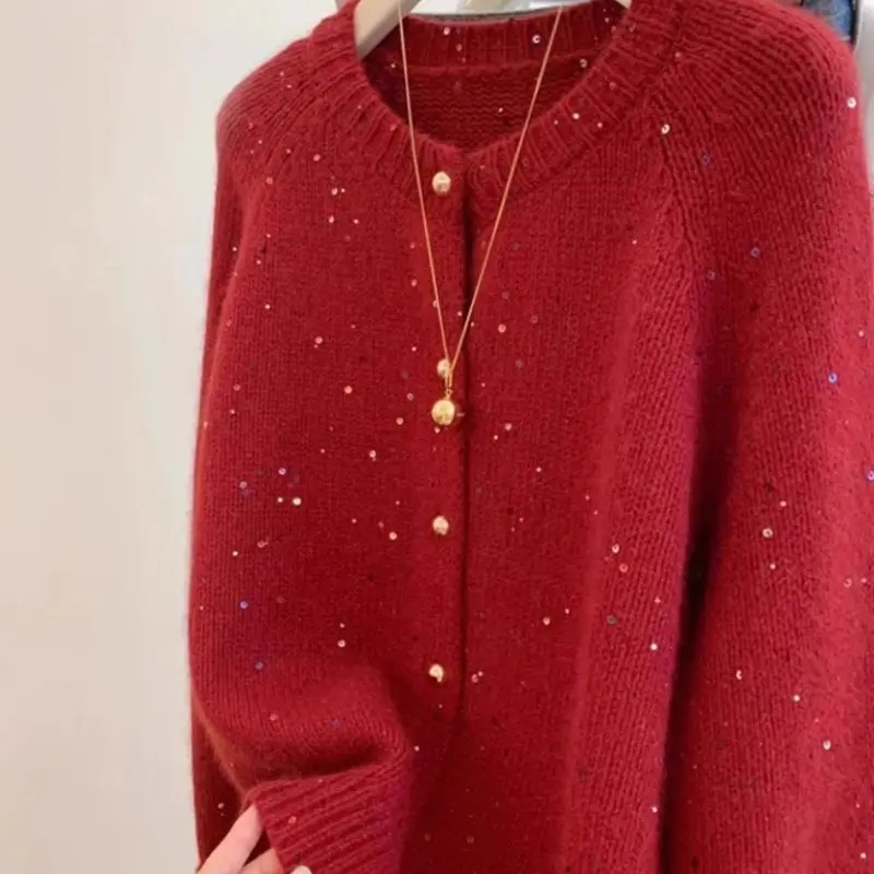 Gentle atmosphere sequined round neck sweater cardigan for women Spring and Autumn retro red soft and sticky knitted jacket