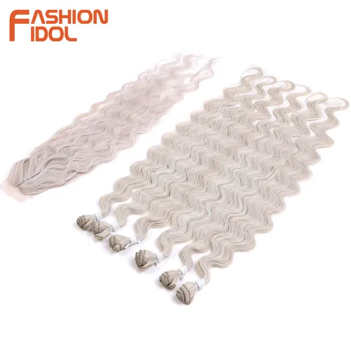 FASHION IDOL 36 pulgadas 7 unids/pack mechones de pelo ondulado con cierre trama de pelo sintético 320g mechones de pelo falso marrón ombré