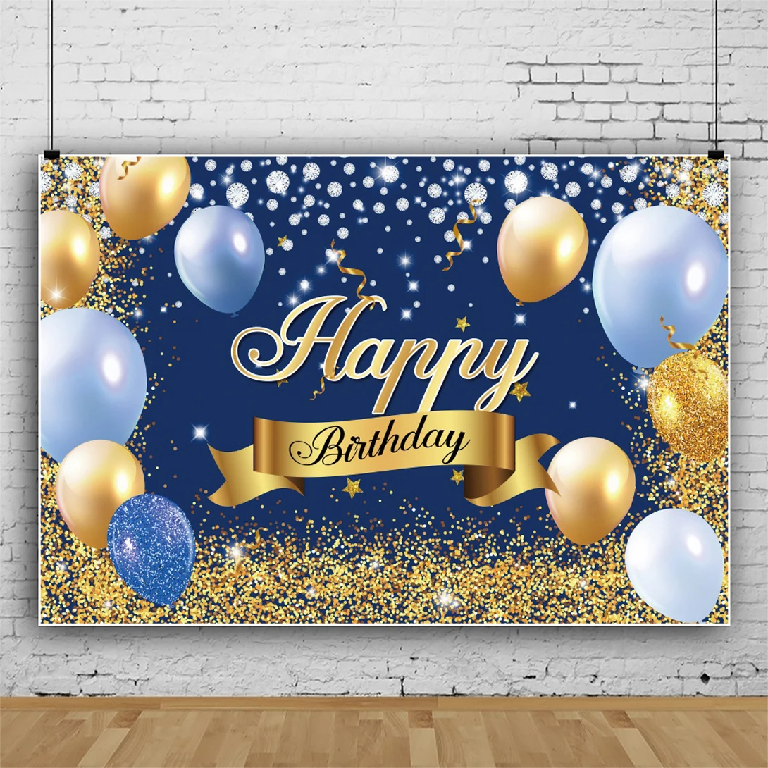 Laeacco Blue And Gold Happy Birthday Backdrop Glitter Golden Dots Diamonds Balloons Women Girls Portrait Photography Background
