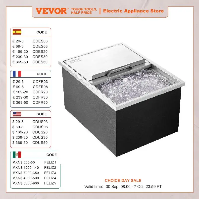 VEVOR Drop in Ice Chest Stainless Steel Ice Cooler Commercial Ice Bin with Sliding Cover Outdoor Kitchen Ice Bar