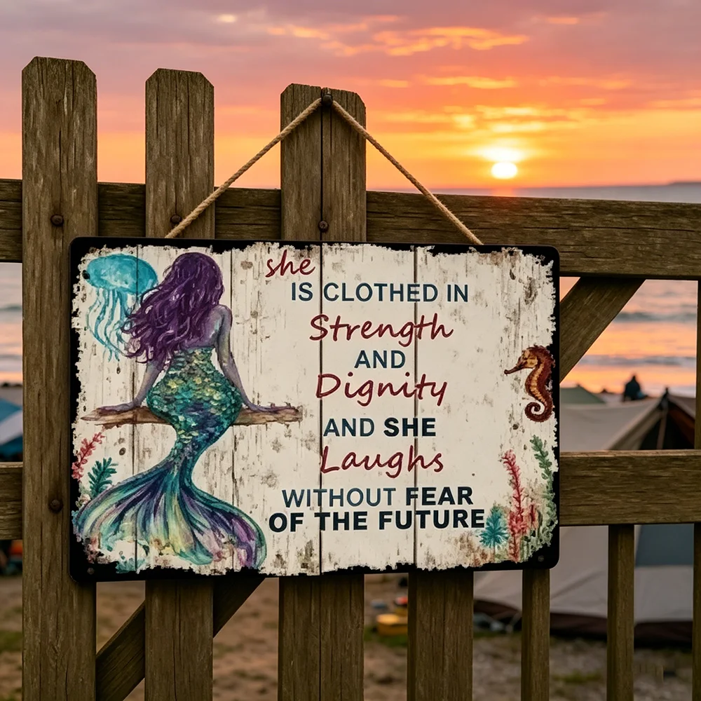 Vintage Mermaid Metal Wall Art Sign | She Is Clothed In Strength And Dignity With Seahorse Illustration, Rustic   Decor For Home