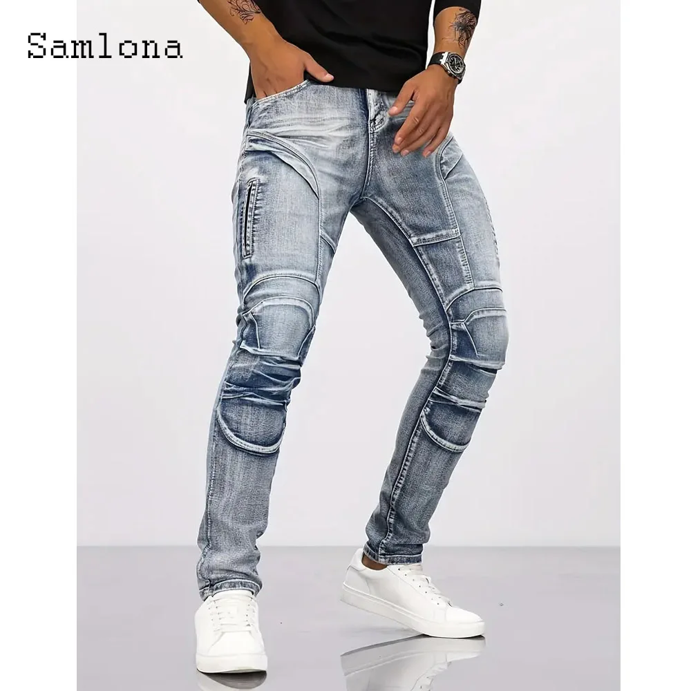 Calça jeans masculina casual com bolso de rua, calça demin 2025, estilo europeu, moda até o tornozelo, calça de moletom masculina nova